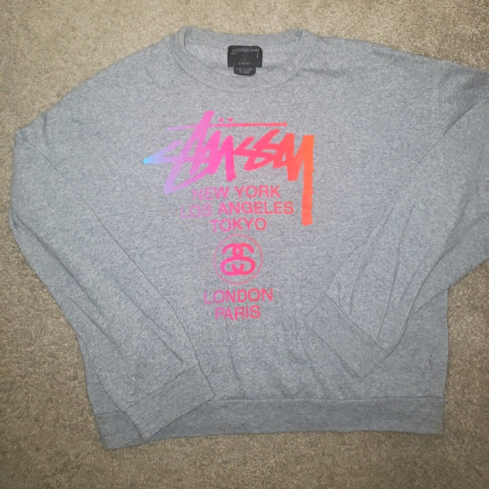 Stussy Gray Sweatshirt with Pink and Orange Logo